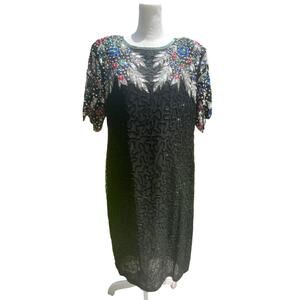 RARE NWT Vintage Cee Cee Black Silk Floral Beaded Sequin Dress Cruise Wear